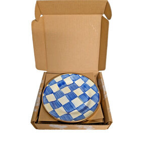 MacKenzie-Childs Set 4 Enamel Appetizer Plates 5" Small Royal Check Blue White